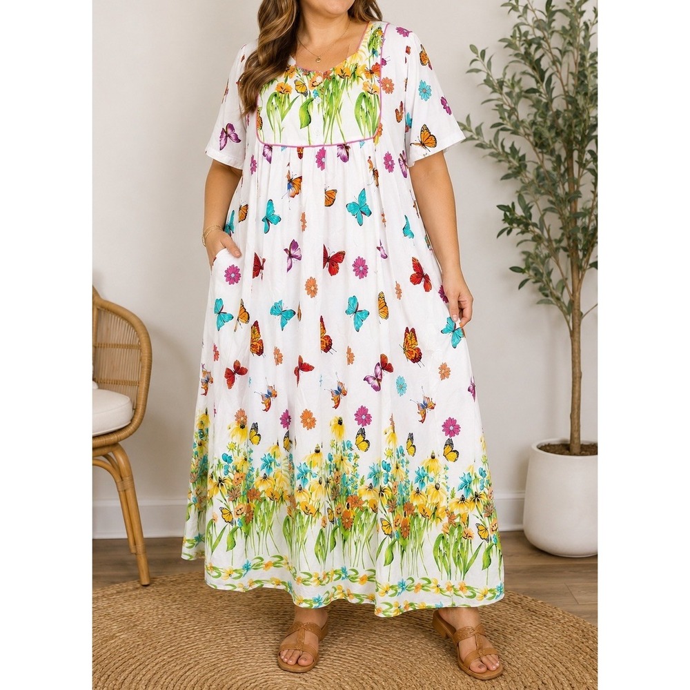 Comfort Choice Women’s 3X Butterfly Floral Cotton House Dress Lounger Muumuu